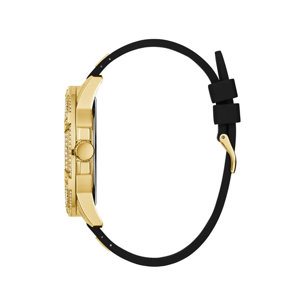GUESS - Gold Tone Case Black Silicone Watch