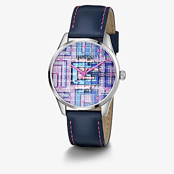 GUESS - SILVER CASE NAVY GENUINE LEATHER WATCH