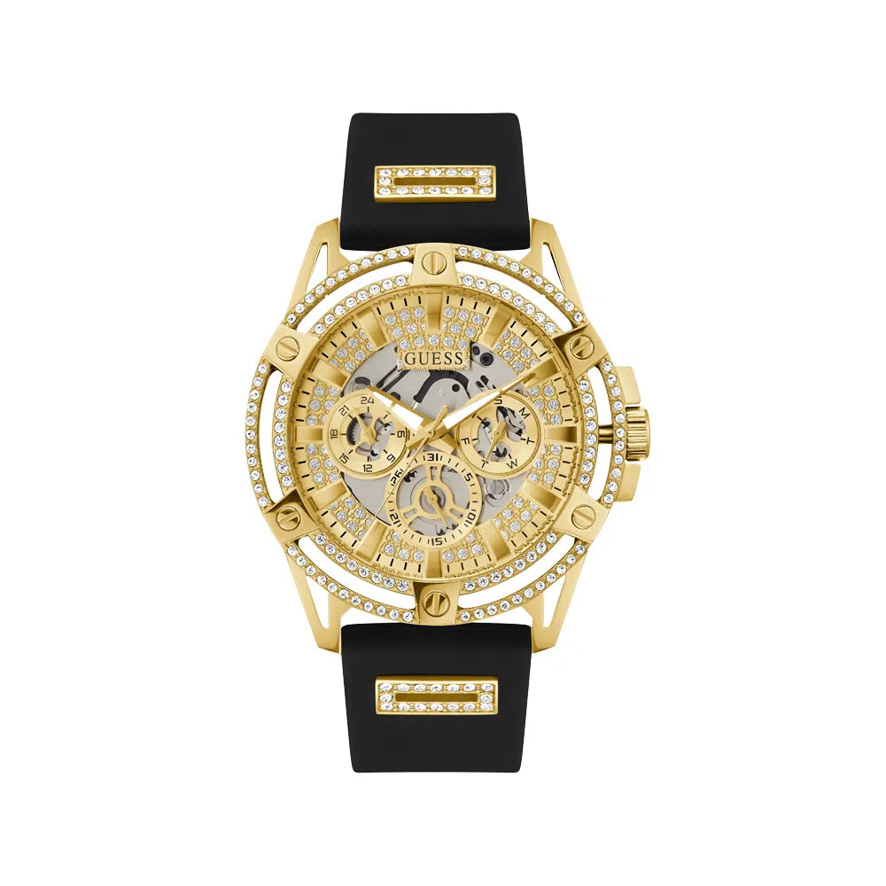 GUESS - Gold Tone Case Black Silicone Watch